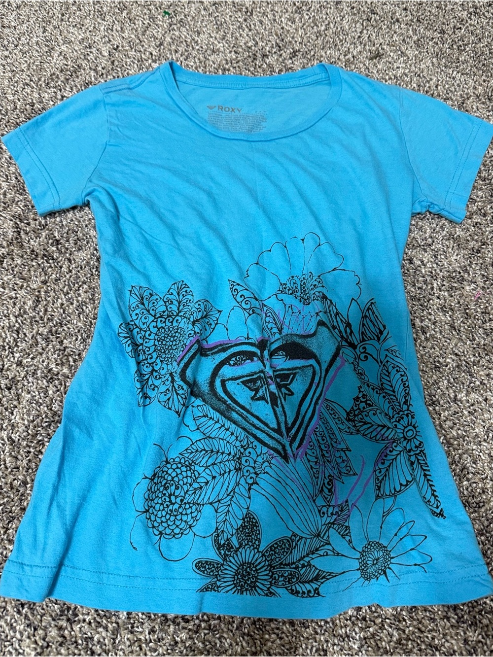 Roxy Turquoise Short Sleeve Tee with Floral Heart Graphic